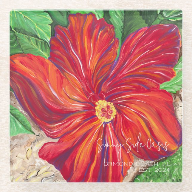 Red Hibiscus Vacation Home Glass Coaster (Front)