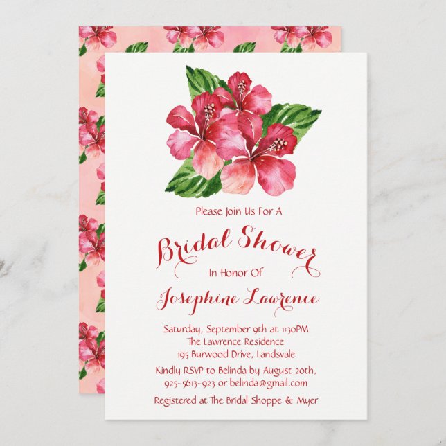 Red Hibiscus Watercolor Bridal Shower Invitations (Front/Back)