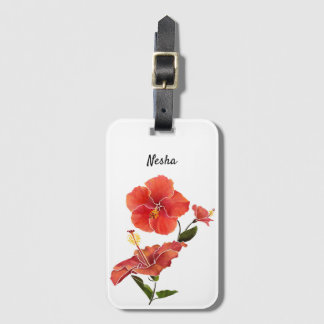 Red Hibiscus Watercolor Flowers Luggage Tag