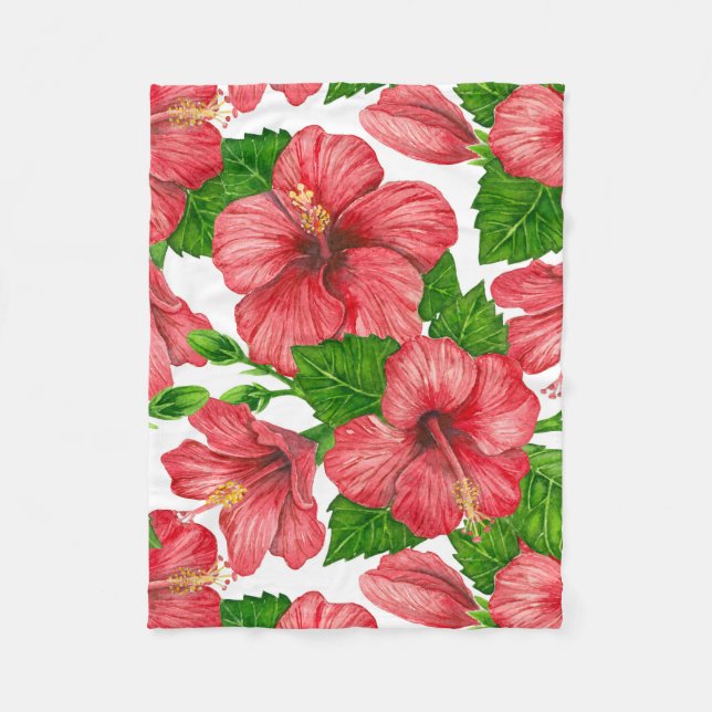Red hibiscus watercolor pattern fleece blanket (Front)
