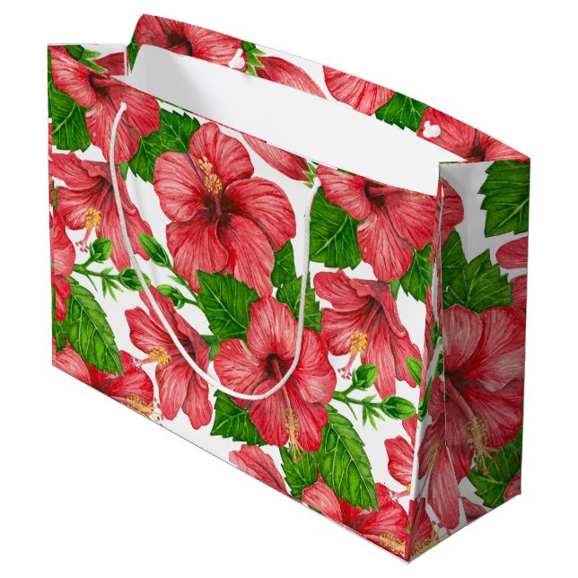 Red hibiscus watercolor pattern large gift bag (Back Angled)