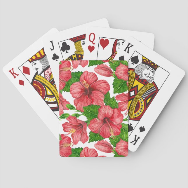 Red hibiscus watercolor pattern playing cards (Back)