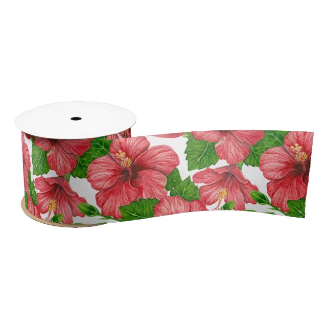 Red hibiscus watercolor pattern satin ribbon (Spool)