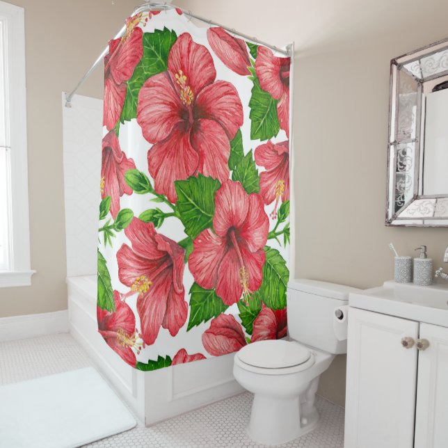 Red hibiscus watercolor pattern shower curtain (In Situ)