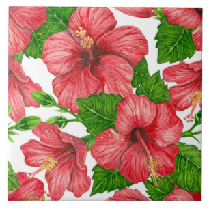 Red hibiscus watercolor pattern tile