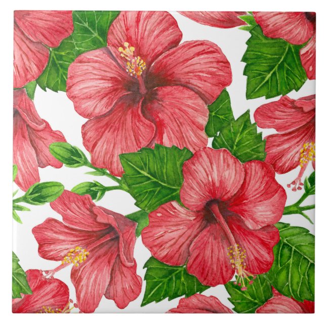 Red hibiscus watercolor pattern tile (Front)