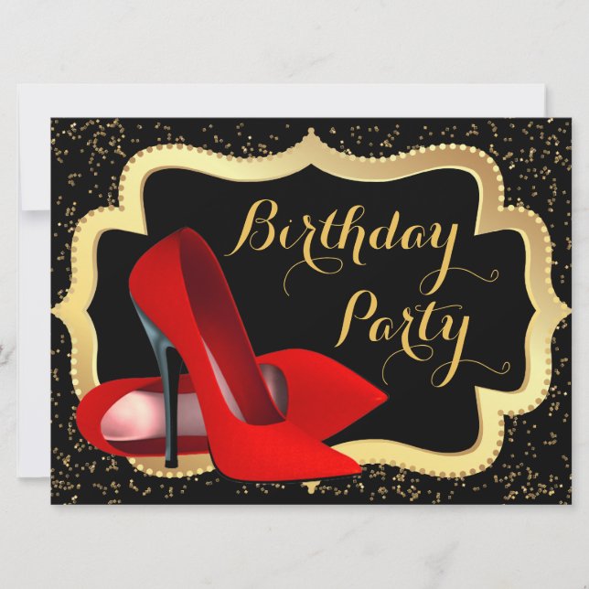 Red High Heel Black and Gold Birthday Party Invitation (Front)