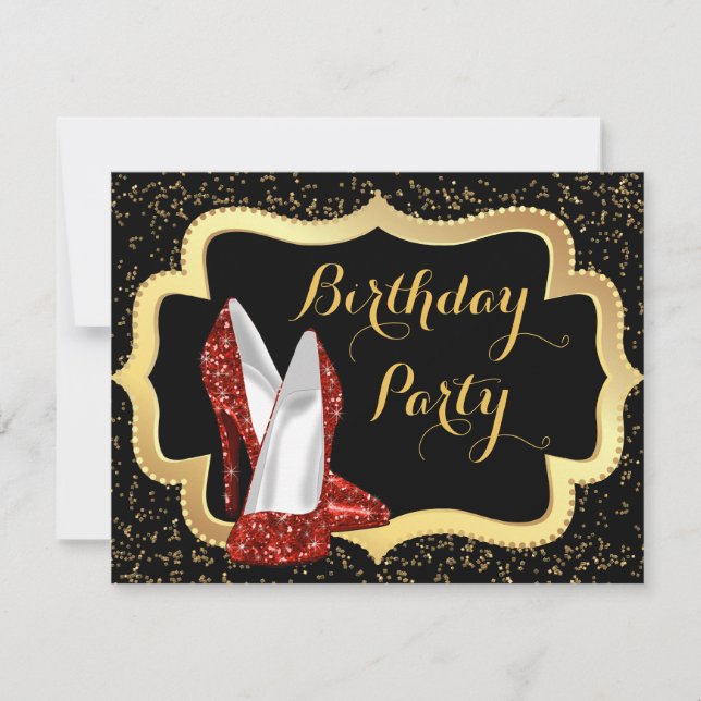 Red High Heel Black and Gold Birthday Party Invitation (Front)