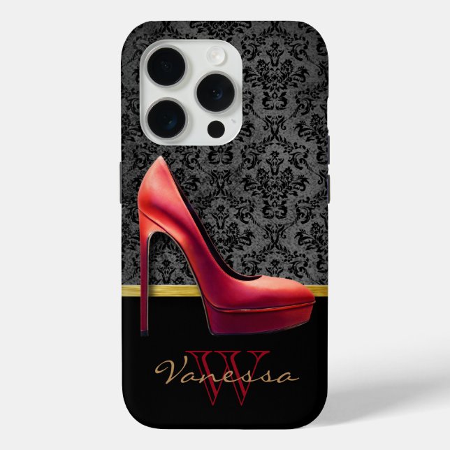 Red High Heel & Damask Print With Monogram Case-Mate iPhone Case (Back)