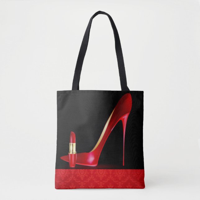 Red High Heel Lipstick Damask Pattern Print Design Tote Bag (Front)
