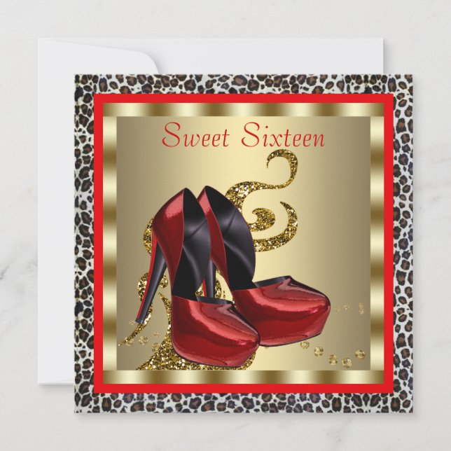 Red High Heel Shoes Leopard Sweet Sixteen Birthday Invitation (Front)