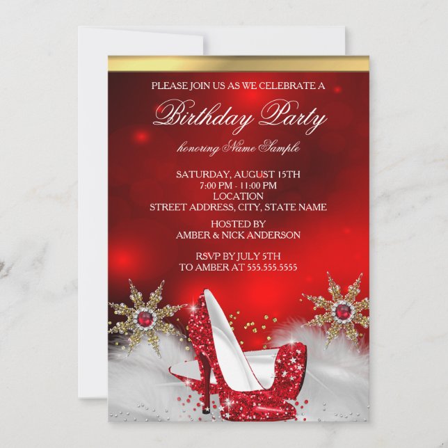 Red High Heel Shoes Silver Gold Birthday Party Invitation (Front)