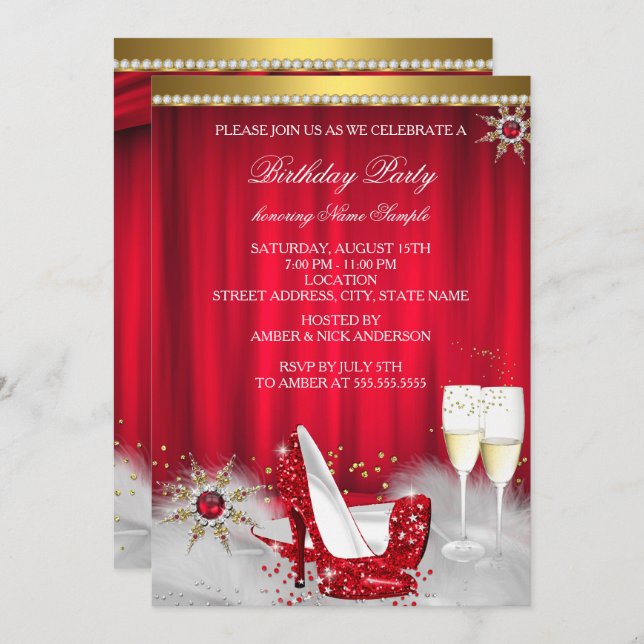 Red High Heel Snowflake Gold Champagne Invitation (Front/Back)