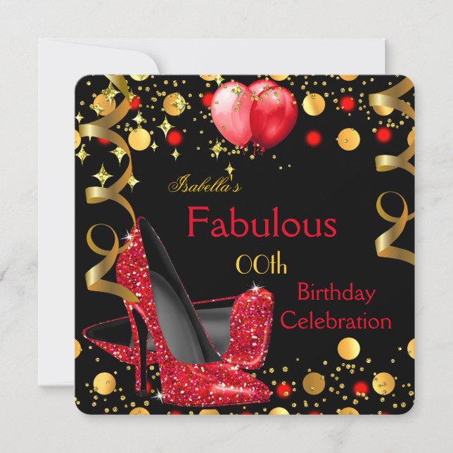 Red High Heels Gold Balloons Birthday Party Invitation (Front)