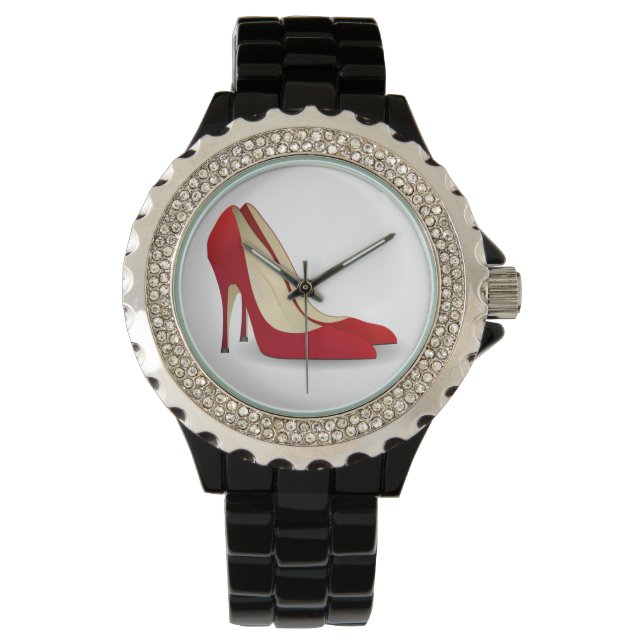 RED HIGH HEELS Rhinestone Black Enamel WATCH (Front)