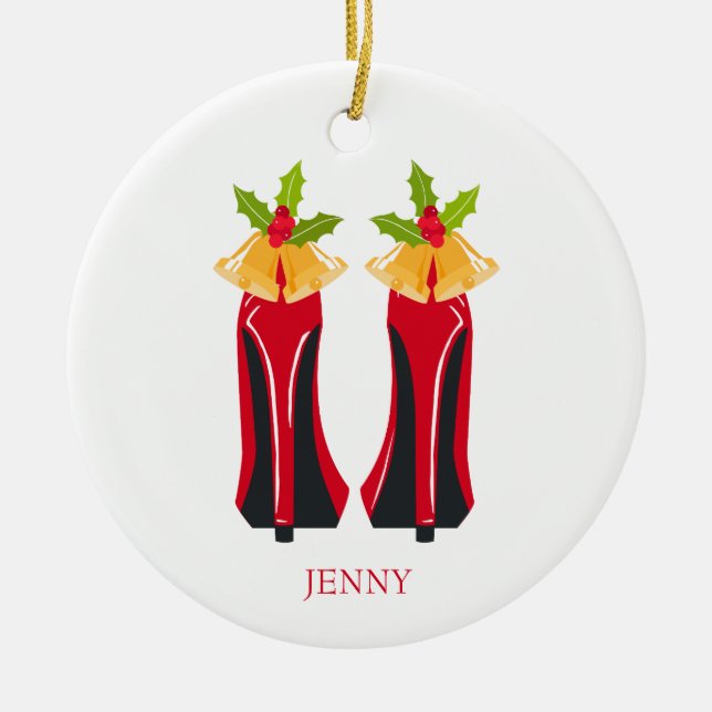 Red High Heels with Christmas Bells Ceramic Tree Decoration (Front)