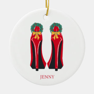 Red High Heels with Christmas Wreaths Ceramic Tree Decoration