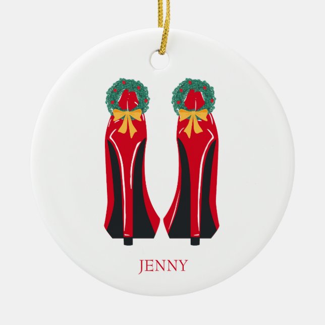 Red High Heels with Christmas Wreaths Ceramic Tree Decoration (Front)