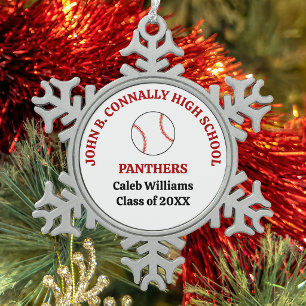 Red High School Baseball Player Personalised Snowflake Pewter Christmas Ornament
