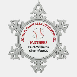 Red High School Baseball Player Personalised Snowflake Pewter Christmas Ornament