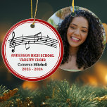 Red High School Choir Custom Christmas Ceramic Tree Decoration<br><div class="desc">This modern red high school choir Christmas ornament features the student and chorale name under the musical staff with treble clef and music notes. Customise for a singer,  choir teacher,  or director for a great graduation gift.</div>