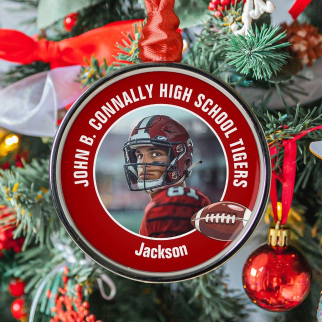 Red High School Football Player Photo Christmas Metal Tree Decoration (Creator Uploaded)