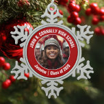 Red High School Marching Band Photo Gift Snowflake Pewter Christmas Ornament<br><div class="desc">This cool customised high school marching band photo features white typography of your team and player name on a red Christmas ornament keepsake gift. Personalise with your student's photograph and class year as a proud parent. A mum and dad can wear these buttons to competition and games.</div>