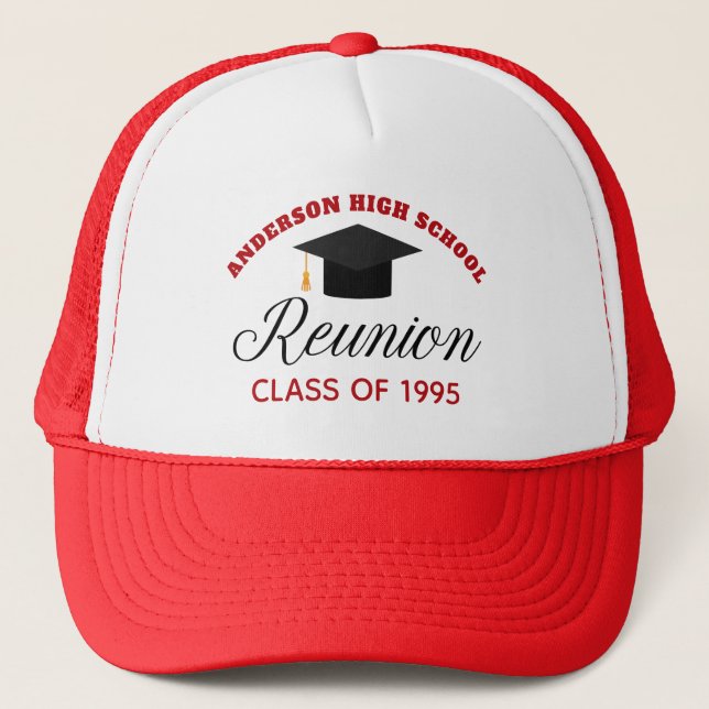 Red High School Reunion Party Custom Alumni Trucker Hat (Front)