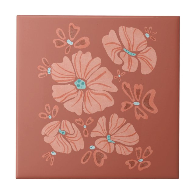 Red Hippie Abstract Flower Power Tile (Front)