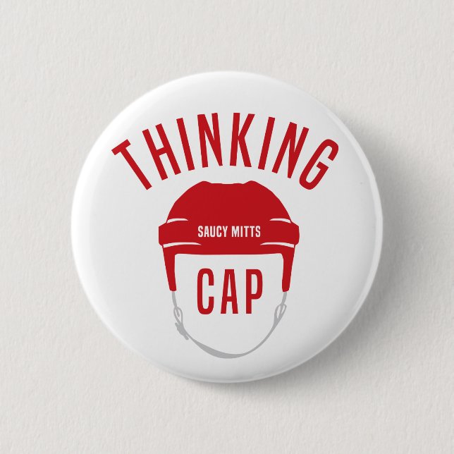 Red Hockey Helmet Thinking Cap Flair Button (Front)