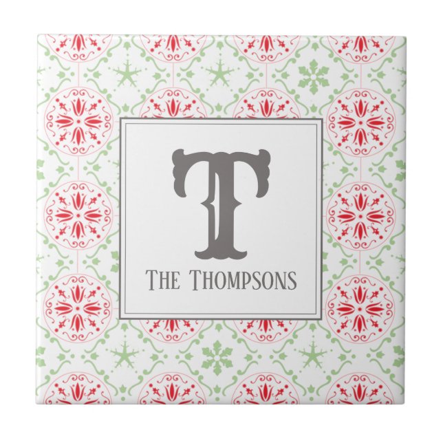 Red Holiday Christmas Monogram Modern Tile (Front)