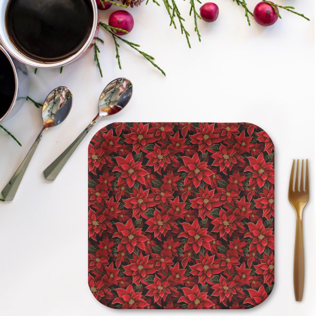 Red Holiday Christmas Poinsettia Pattern Paper Plate (Creator Uploaded)