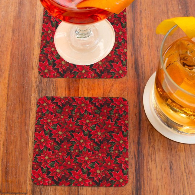 Red Holiday Christmas Poinsettia Pattern Square Paper Coaster (Creator Uploaded)