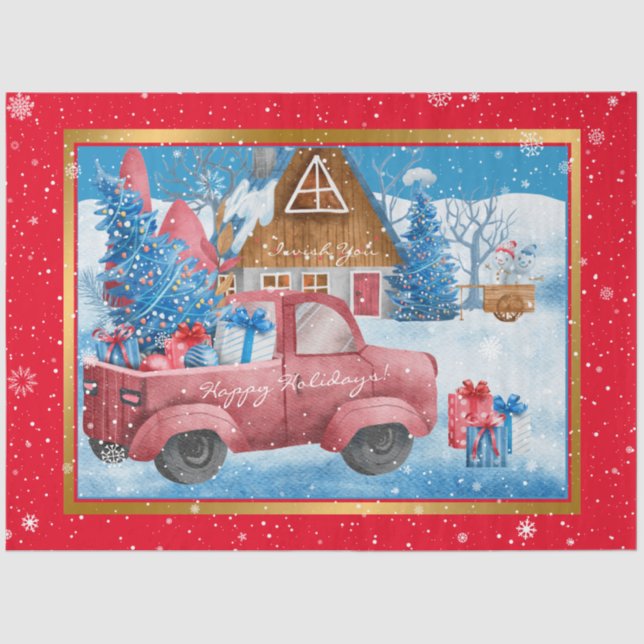 Red Holiday Christmas Truck Customise Tissue Paper (Front)