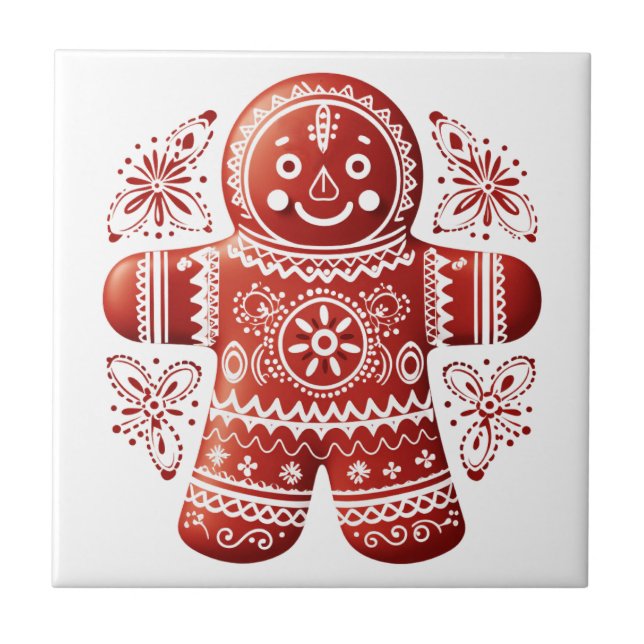 Red Holiday Gingerbread Man Scandinavian Folk Art Tile (Front)