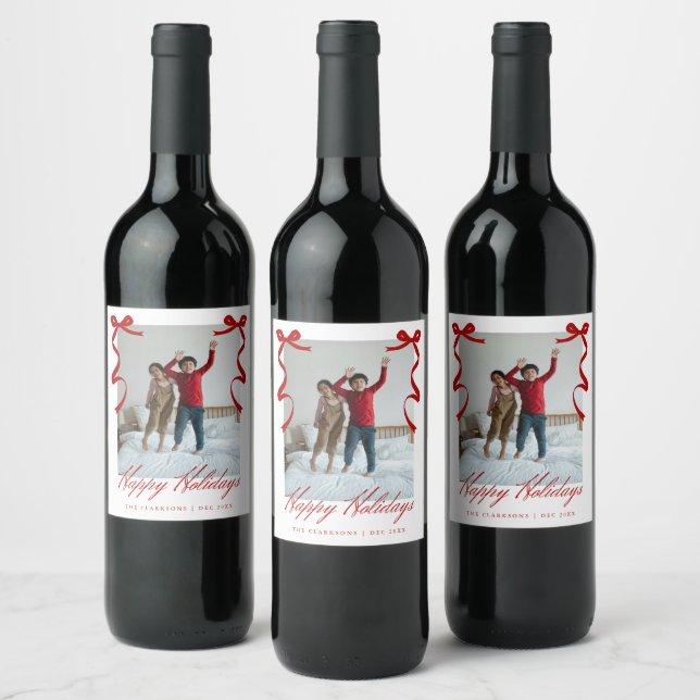Red Holiday Hand Drawn Whimsical Bows Wine Label (Bottles)