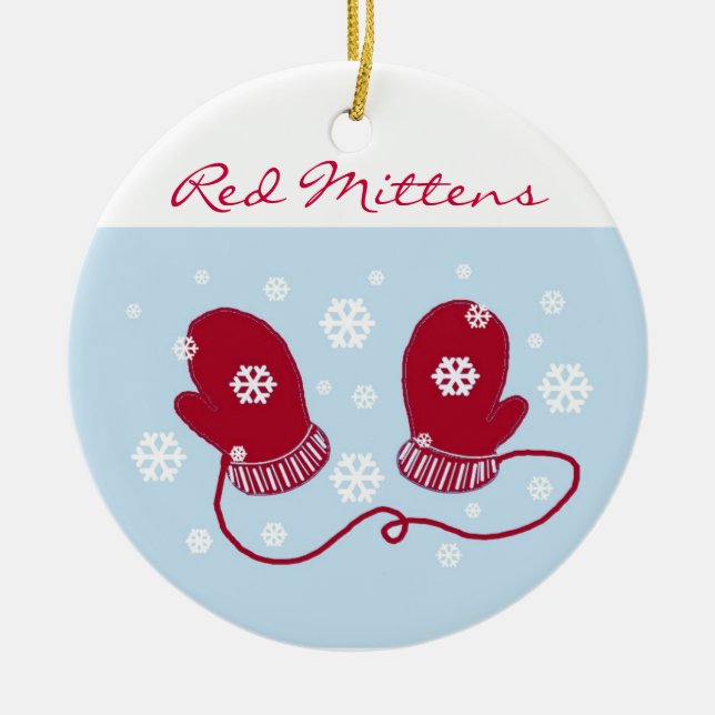 Red Holiday Mittens Ceramic Tree Decoration (Front)