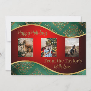 Red Holiday Photo Card with Green & Gold Border