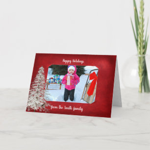 red holiday photo frame with white pine tree card