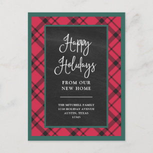 Red Holiday Plaid New Home Moving Announcement Postcard
