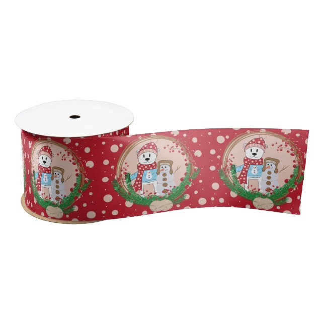 Red Holiday Ribbon Pink Dots Polar Bear n Snowman  Satin Ribbon (Spool)