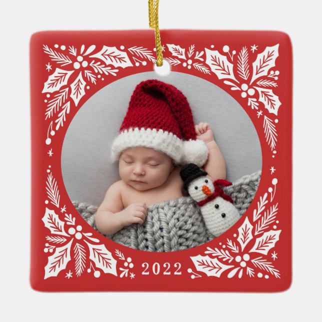 Red Holly 2 Photo with Year Christmas Ceramic Ornament (Front)