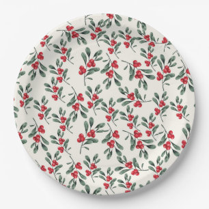 Red Holly berries Green mistletoe leaves Paper Plate