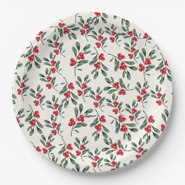 Red Holly berries Green mistletoe leaves Paper Plate (Front)
