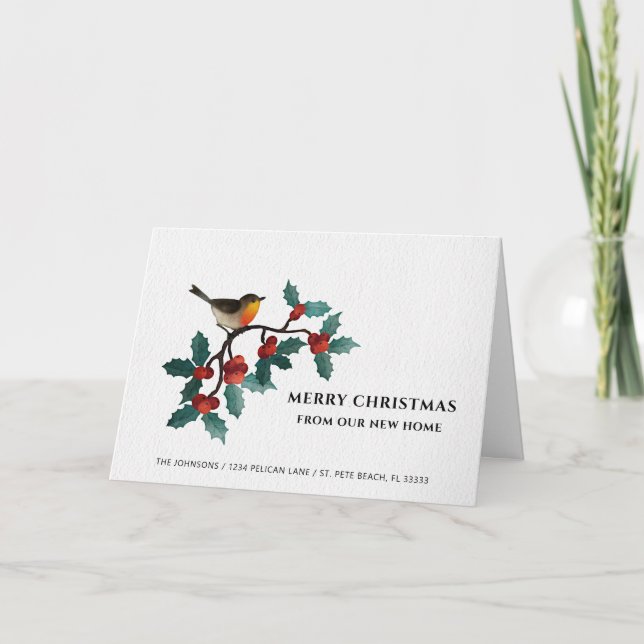 Red Holly Berries New Home Merry Christmas Floral Holiday Card (Front)