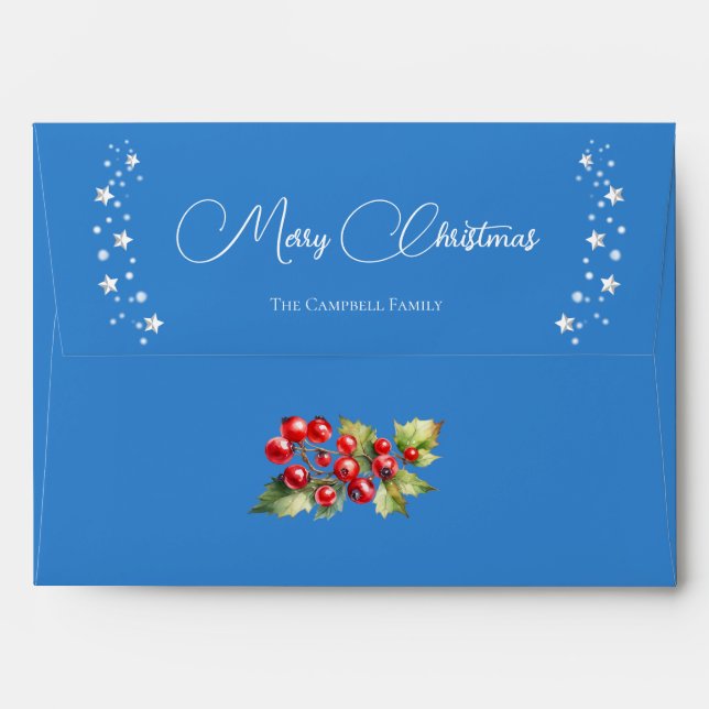 Red Holly Berries on Blue with Stars Christmas Envelope (Back (Top Flap))