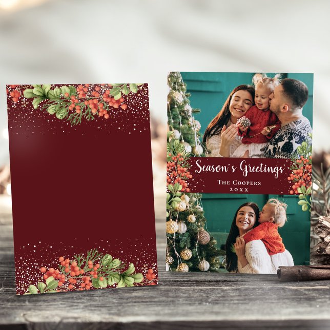 Red Holly Berries Season’s Greetings 2 Photo Holiday Card (Creator Uploaded)