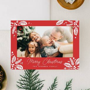 Red Holly Berry Corners Frame Photo Holiday Card