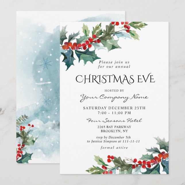 Red Holly Berry CORPORATE Christmas Holiday EVE Invitation (Front/Back)