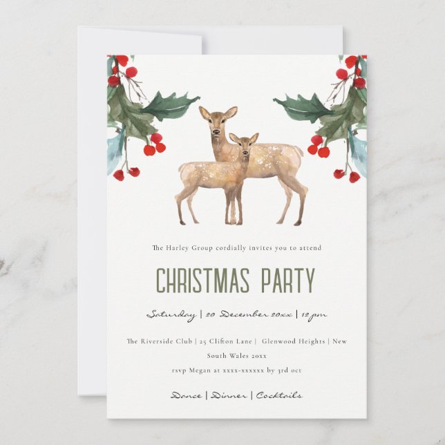 RED HOLLY BERRY DEER DUO CORPORATE CHRISTMAS PARTY HOLIDAY CARD (Front)